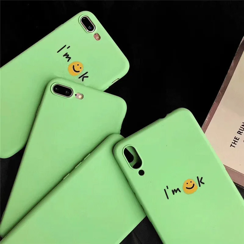 

For iPhone 8 Fashion Mint Green Color With Cute Smile Pattern Cases For iPhone 5 5S SE 6 6S 7 8 Plus X XS XR MAX Soft TPU Funda