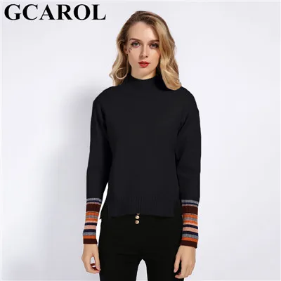 Женский эластичный свитер GCAROL, повседневный джемпер с разрезами по бокам и воротником-стойкой, пуловер с рукавами в полоску на осень и зиму - Цвет: Black