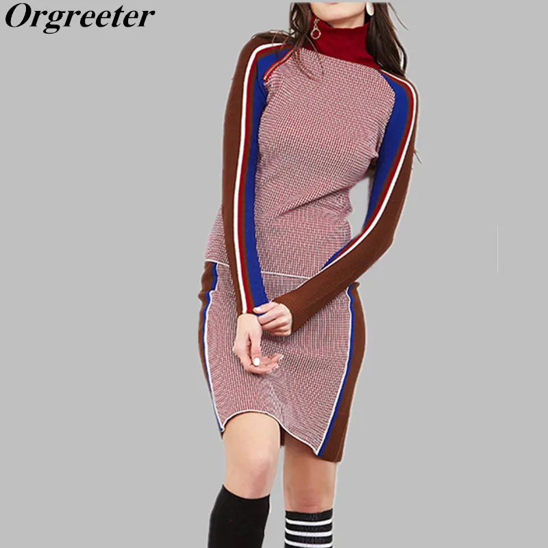 

Warm Fall Winter Knitting Sweater Skirt 2 Pieces Set Women Hit Color Zipper Turtleneck Pullovers + Bodycon Pencil Skirt Knit Set