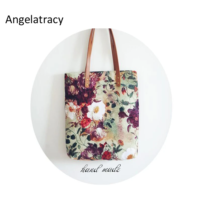 

Angelatracy 2018 Oil Painting Bag Flower Digital Printing Women Handbag Vintage Casual Tote PU Strap Shoulder Bag Large Floral