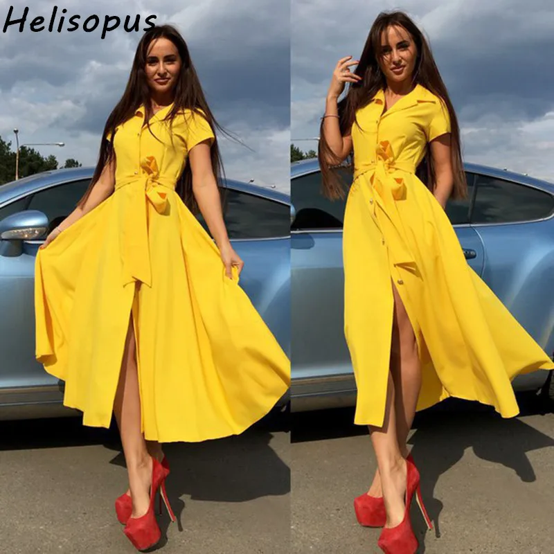 Helisopus женское платье с поясом, длинное платье макси, желтое, красное, с разрезом по бокам, летнее, элегантное, на пуговицах, туника, OL, платья для женщин, Vestidos