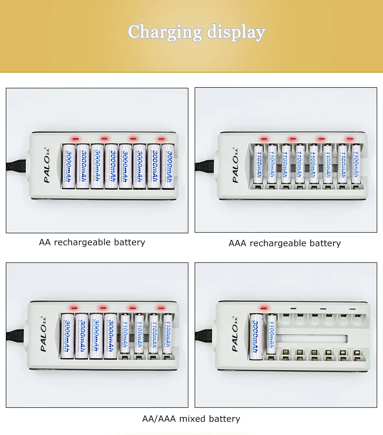 PALO 8 слотов nimh nicd Батарея умное зарядное устройство Быстрая зарядка со светодиодным дисплеем для 1,2 в aa aaa аккумуляторная батарея быстрое зарядное устройство