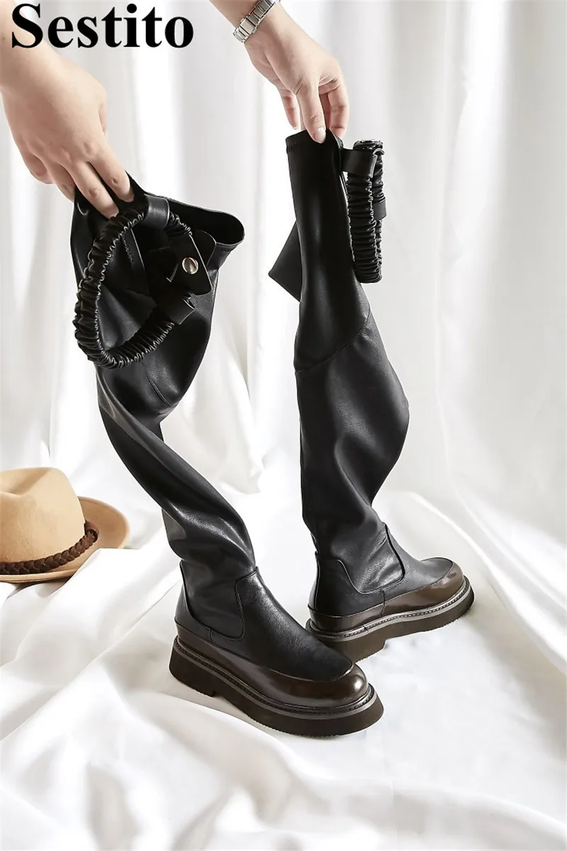 

Concise Black Elastic band Winter Woman's Boots Round Toe Square Heel Over-the-Knee Boots For Women Slip-on Casual Women's Shoes