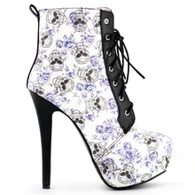 LF80837 Sexy Blue Skull Floral Black Lace Up Gothic Club Ankle Boots Size 4/5/6/7/8/9/10
