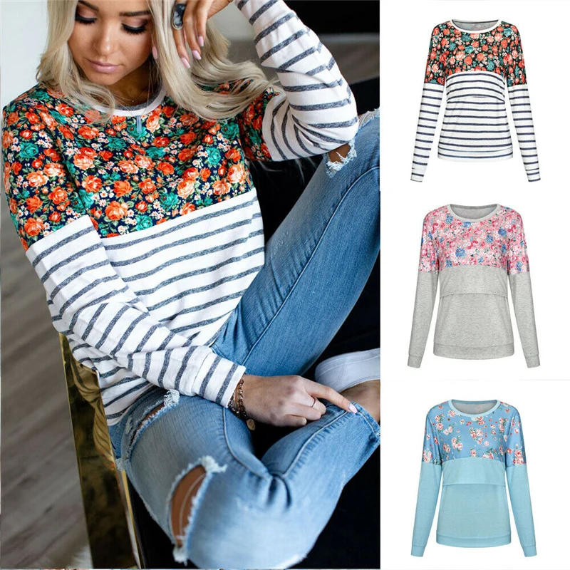 

Casual Striped Floral Women Long Sleeve Maternity Tops Breastfeeding Tops Ladies T-Shirt Loose Pregnancy Loose Clothes T Shirt