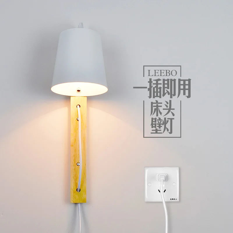 

wall lamp switch Contemporary and contracted, wrought iron wood lamp LED with plug sitting room hotel bedroom wall lamp
