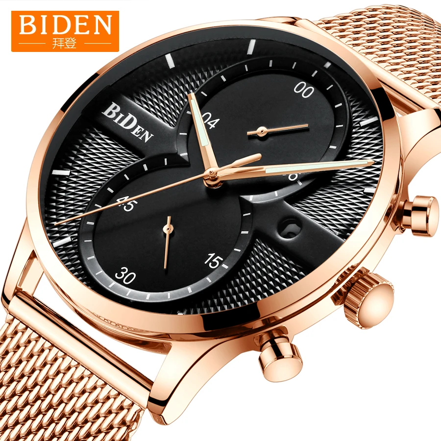 

Mens Watches BIDEN Top Brand Luxury Waterproof Ultra Thin Clock Male Steel Strap Casual Quartz Watch Mens Business Wrist Watch