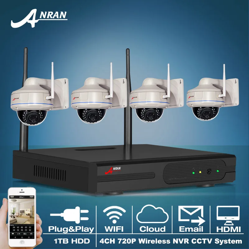 4CH H.264 HDMI WIFI NVR CCTV Kit 720P Outdoor IR Vandal-proof Dome IP Camera Wireless Security Surveillance System 1TB HDD
