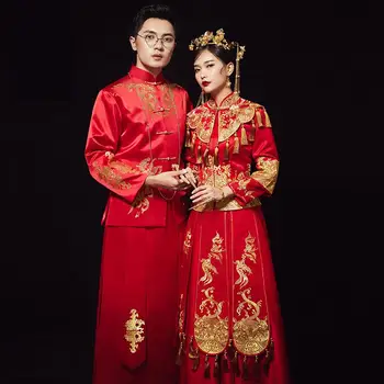 

Classic Chinese Women&Men Wedding Clothes Ancient Royal Bride&Groom Cheongsam Suit Suzhou Embroidery Qipao Marriage Gift