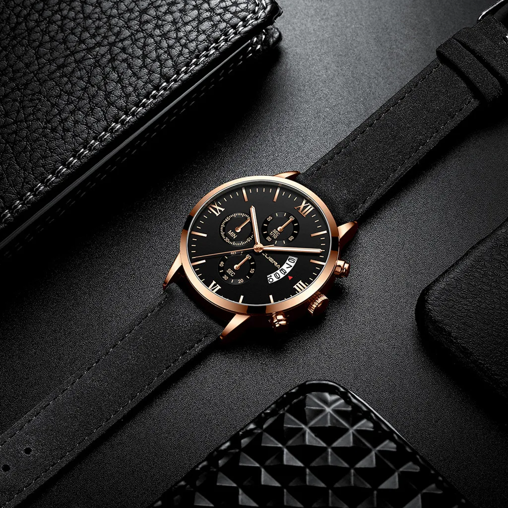 CUENA Brand Men's Wrist Watch Sport Stainless Steel Case Leather Band Quartz Analog watch man watches mens relogio masculino