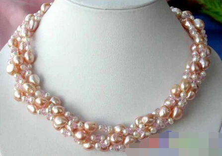 

899 4ROW PINK BAROQUE FRESHWATER PEARL CRYSTAL NECKLACE