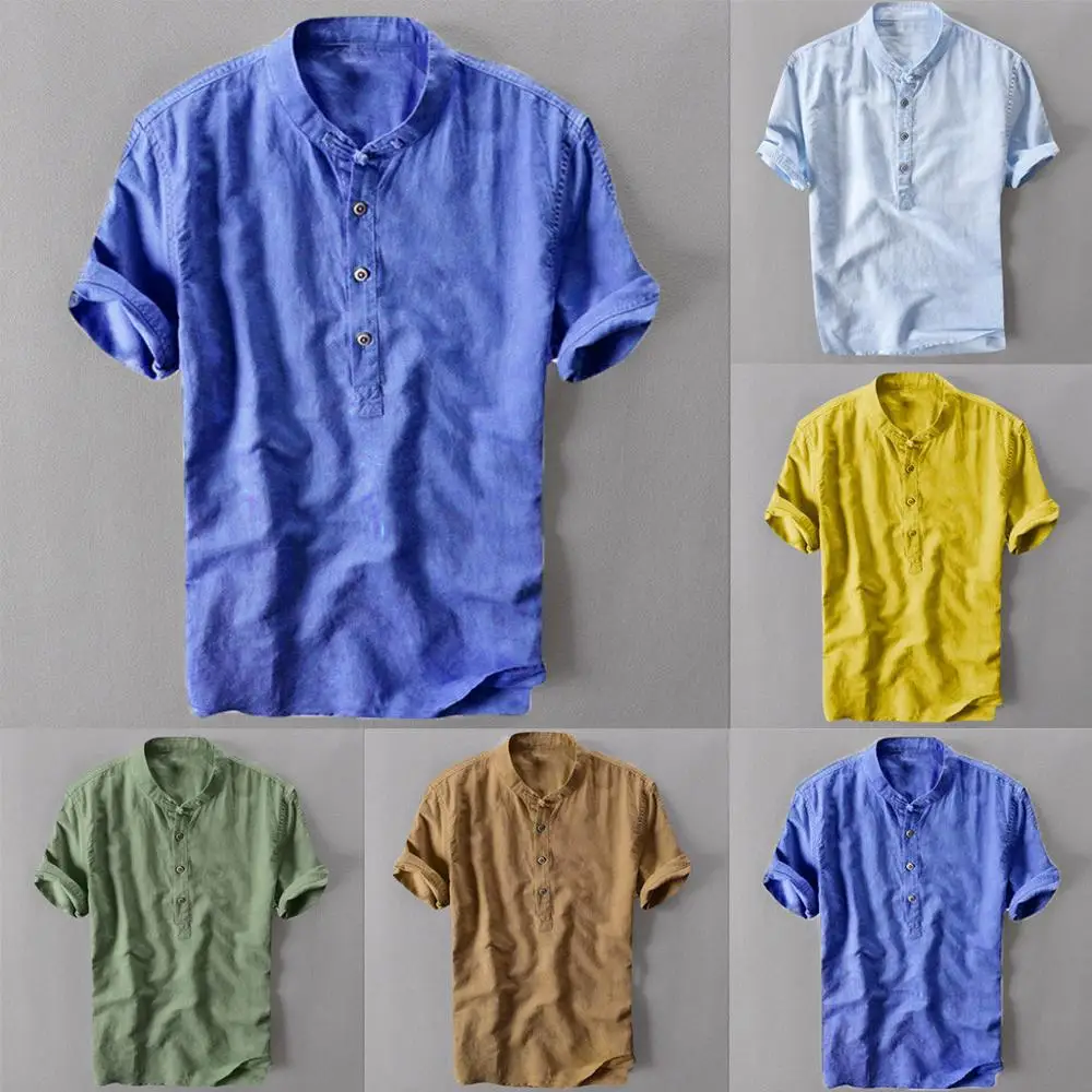 

Men's Summer Short Sleeve Shirt Linen Slim Summer Cool And Thin Breathable Collar Hanging Dyed Gradient Cotton Shirt M-3XL