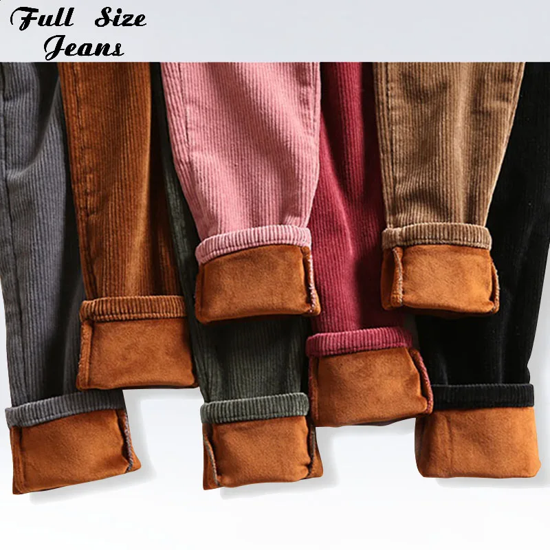 

Plus Size High Elastic Waist Pink Corduroy Pencil Pans 3Xl 4Xl Design Pockets Women Winter Autumn Casual Fleece Pants