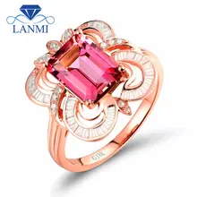 Natural Emerald Cut 7x9mm Pink Tourmaline Jewelry Ring With 18k Rose Gold Baguette Round Diamond WU273