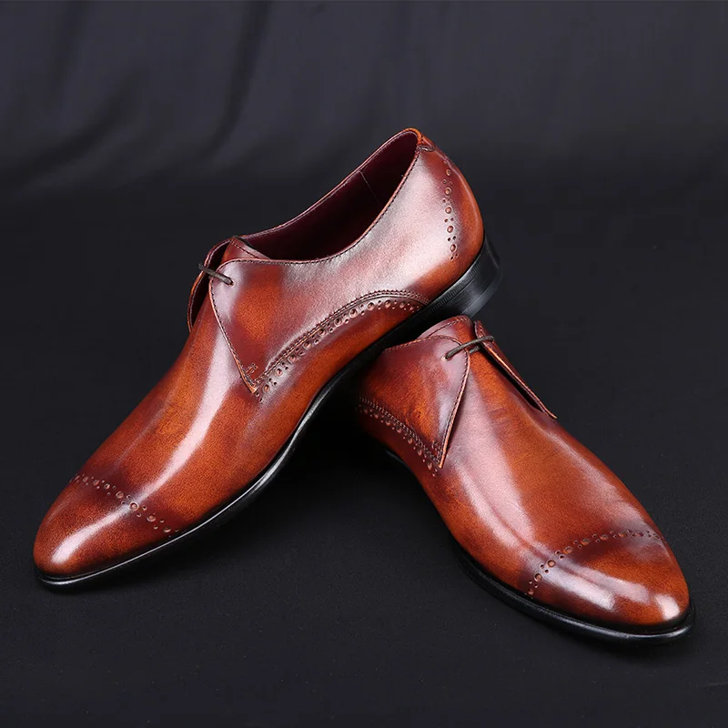 TERSE_Luxury orange derby shoes handmade leather wedding shoes men goodyear welted brogue factory to customer