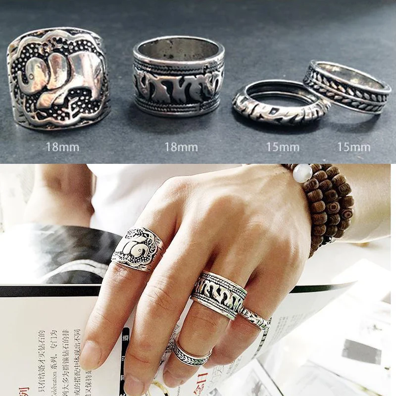 

Bohemian Vintage Silver Circle Geometric Joint Ring Set for Women Crystal Personality Elephant Design Ring Set Jewelry Gift