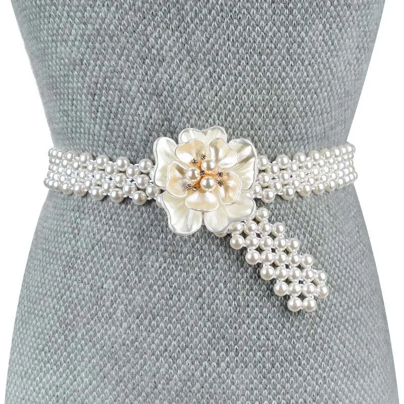

Badinka 2019 New Summer Ladies Cute Rhinestone Crystal White Pearl Belt Female Bridal Flower Waist Belt for Women Wedding Dress