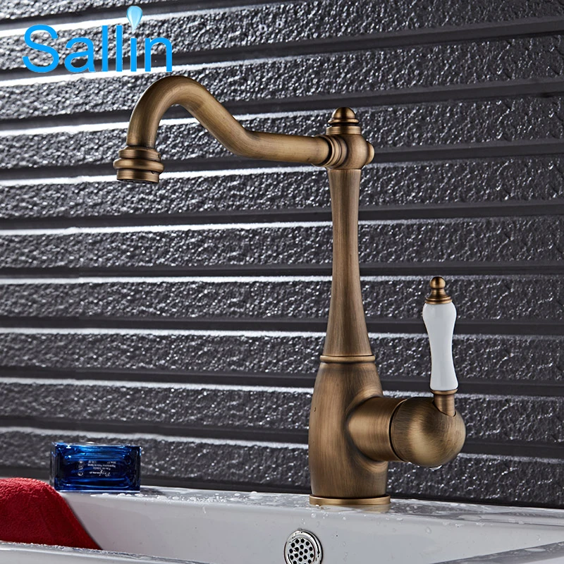 

Sallin Sanitary Vintage Brass Kitchen Mixer Tap Classic European Brass Kitchen Faucet Mixer 360 Swivel Antique Kitchen Mixer