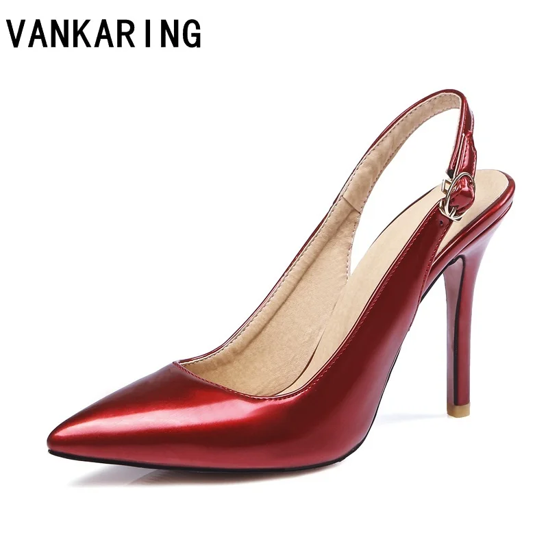 

VANKARING fashion patent leather shoes women party nude pumps sexy high heels brand fretwork black red pointed toe office shoes