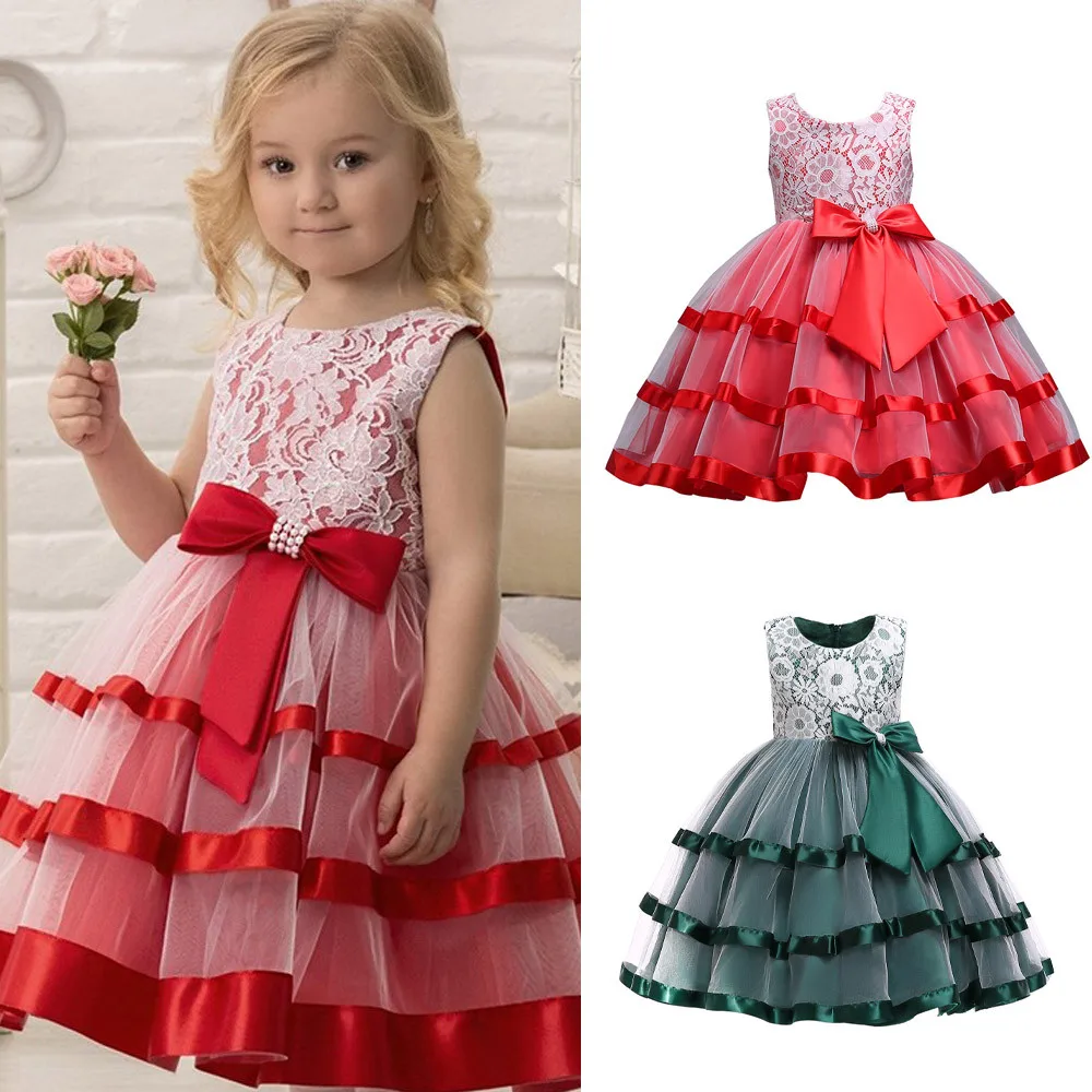 Lace-trimmed princess dress Child Girls Lace Bowknot Princess Wedding Performance Formal Tutu Dress Clothes #06 | Детская одежда и