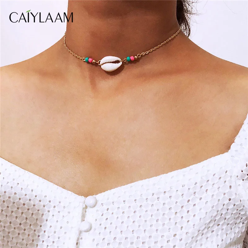 

CAIYLAAM Bohemia Style Natural Shell Chokers Necklace for Women Trendy Jewelry Gold Color Link Chain Single Necklace Simple