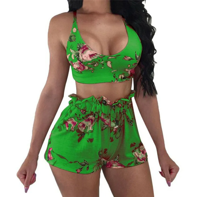 

Women Floral Printed Clothing Set New Sexy High Waisted 2PCS Sleeveless Clothes Ladies' Summer Backless Beach Costume Hot Sale
