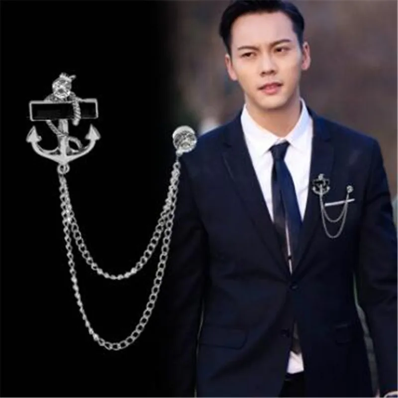 

WKOUD Korean Fashion Personalized Tassel Anchor Brooch with Chain Fringed Metal Brooches Lapel Pin Badge Suit Men Accessories