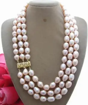 

Selling Jewelry>>>3 Rows10-12mm natural Australian south sea gold pink pearl necklace 17"-19"
