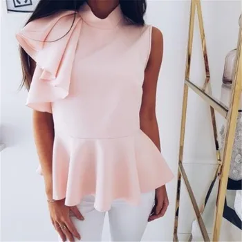 

Summer Peplum Tank Top Women Elegant Asymmetric Ruffle Side Peplum Tops Turtleneck Sleeveless Back Zipper Shirt Party Blouses