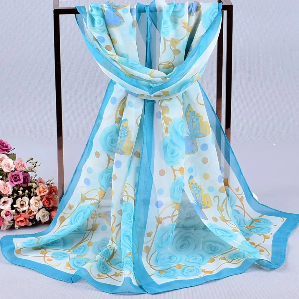 Дизайнерский роскошный брендовый женский летний шарф, испанская Цветочная шаль, женские шарфы с принтом бабочки, роза, шифоновый Шелковый шарф