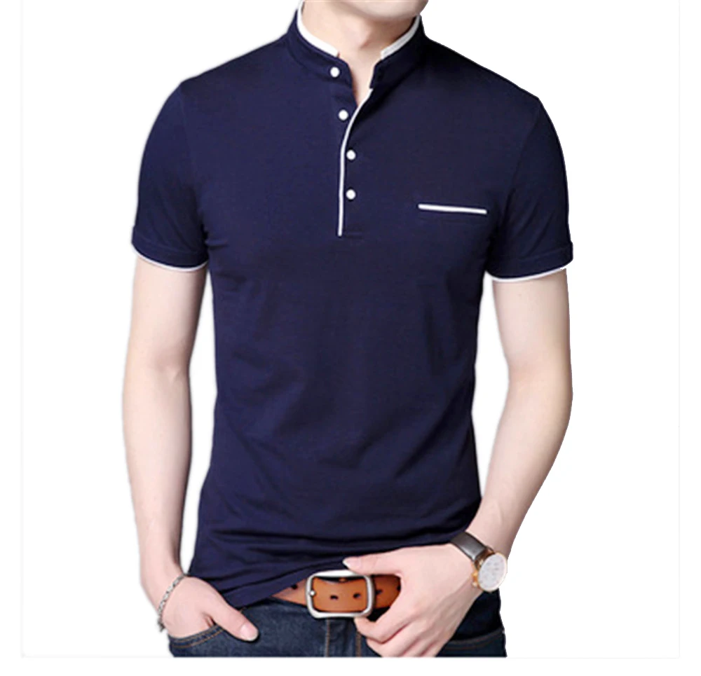 Tanie 2019 wiosna lato stójka krótki biały rękaw koszulkę mężczyźni Tee topy mężczyźni odzież marki Slim bawełniane koszulki Poloshirt