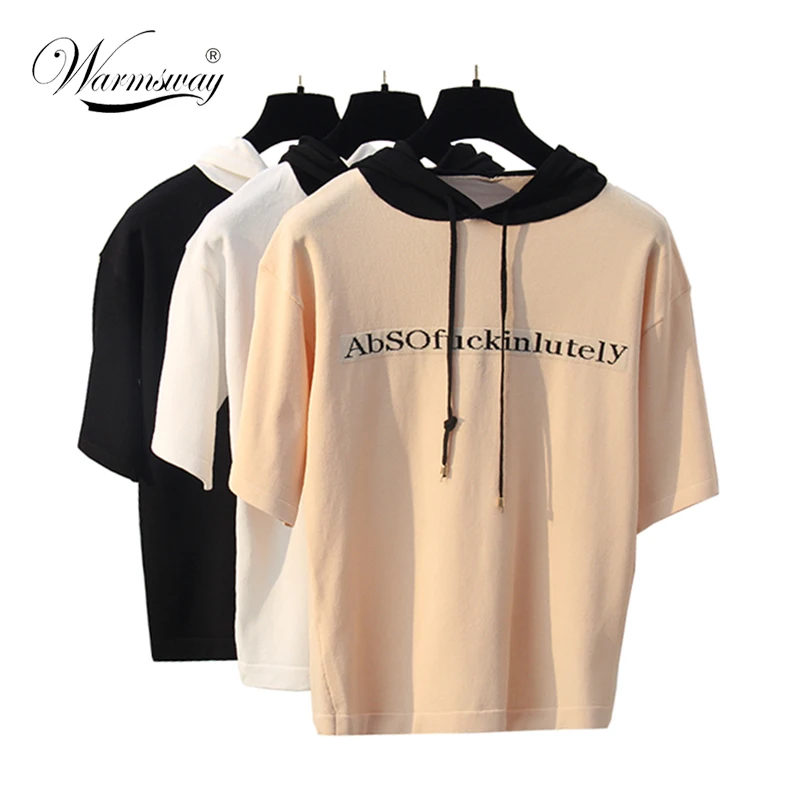 New Fashion Summer Loose Letter Jacquard T-shirt Women Hooded Short Sleeve Pullover top Preppy Style B-116