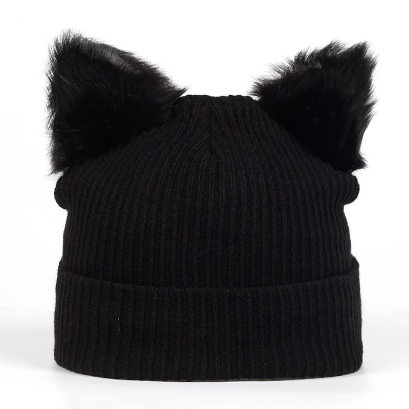 new Women Winter Harajuku Woolen Knitting Beanie Devil Horns Black Cat Ear Crochet Braided Knitted Fur Cap Cute Girls Hat