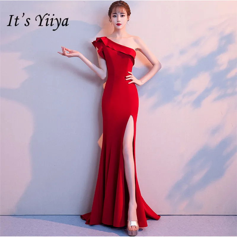 

It's Yiiya Sleeveless Prom dress Elegant Floor-length Mermaid long Party Gowns Zipper back one-shoulder Red Evening dresses C091