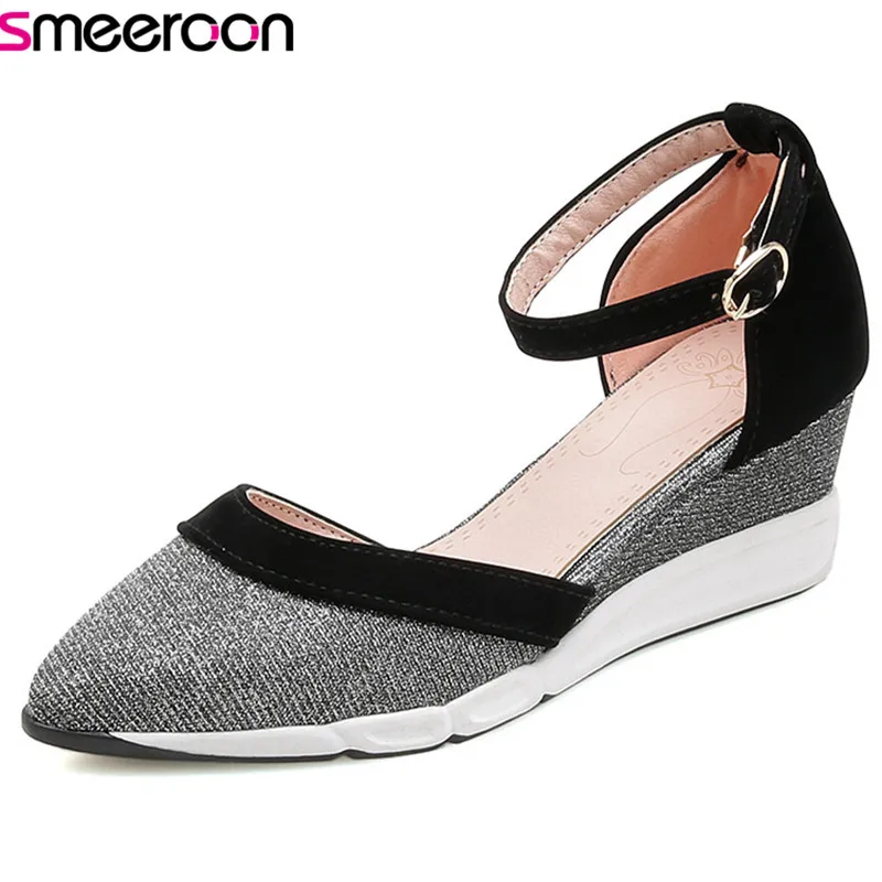 

Smeeroon new style pointed toe summer shoes mixed colors fashion shoes simple buckle pumps women shoes comfortable wedges shoes
