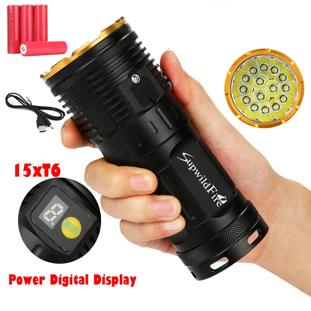 

50000LM 15 x XM-L T6 LED Power & Mode Digital Display Hunting Flashlight Lighting Lamps Non-adjustable Focal Length Outdoor tool
