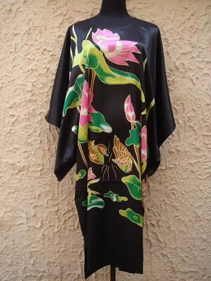 

Hot Sale Black Chinese Women's Silk Rayon Robe Bath Gown Yukata Nightgown One Size Free Shipping S5001