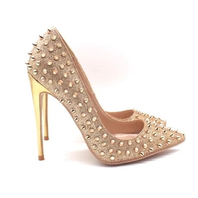 

Real Photo Women Gold Bling Bling High Heel Pumps Rivets Decoration Pointed Toe Metal Heel Dress Shoes Slip On Shallow Pumps