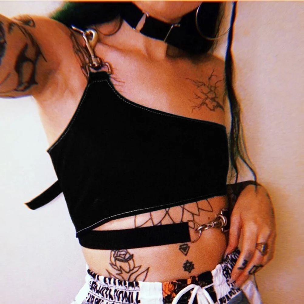 Сексуальный кроптоп женский жилет летние Клубные вечерние на одно плечо металлические пряжки кроп Топы готичный панк стиль черный жилет рубашка