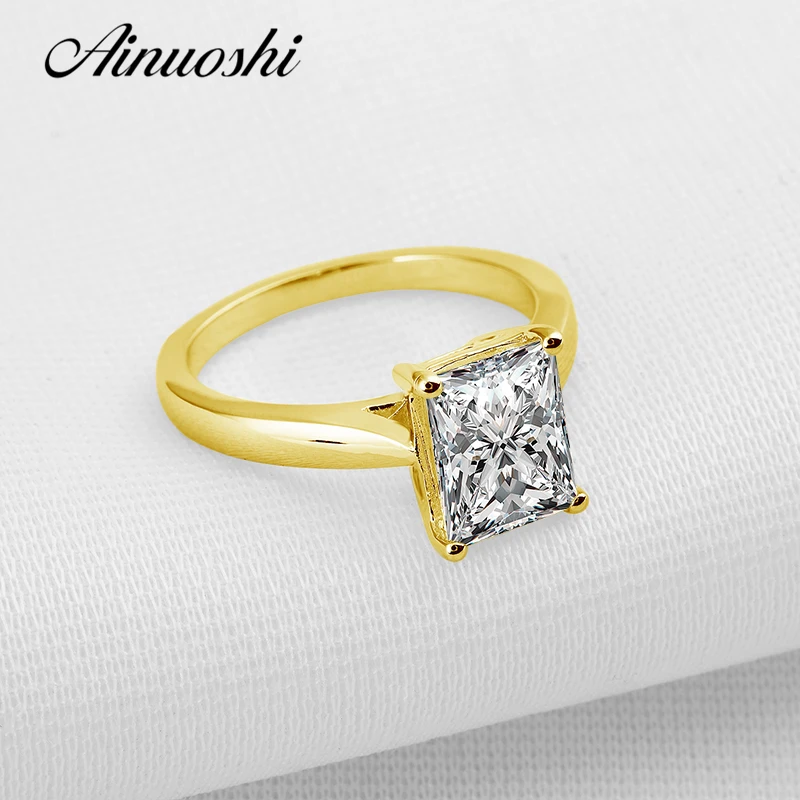 

AINUOSHI 10k Solid Yellow Gold Wedding Ring Solitaire 3 ct Rectangle Cut Simulated Diamond Bague Women Promise Engagement Rings