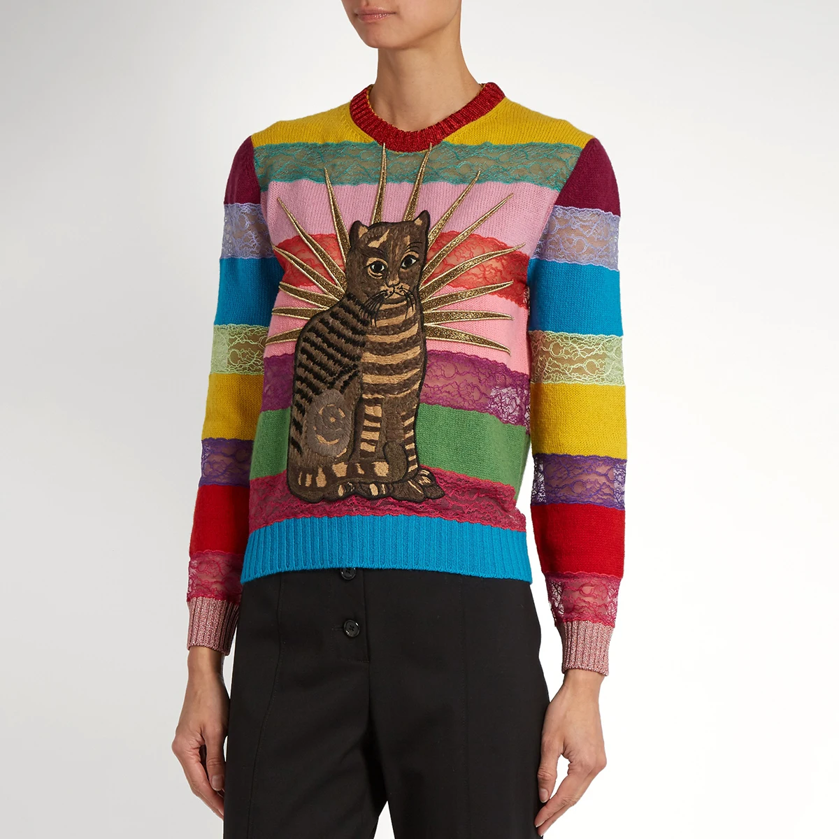 

Jastie Embroidery Cat Knitted Top Pullover Multicolor with Lace Chic Women Sweater 2019 Autumn Winter Sweaters Jumper Blusa Tops