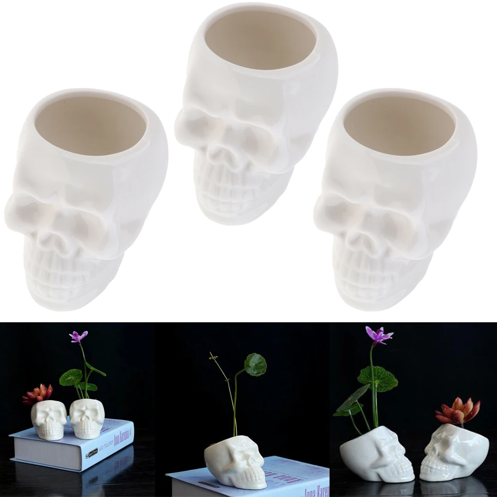 3pcs Flowerpot Skull Head Shaped Halloween Retro Homehold Horrible Decoration Home Office Flower Pot Planter