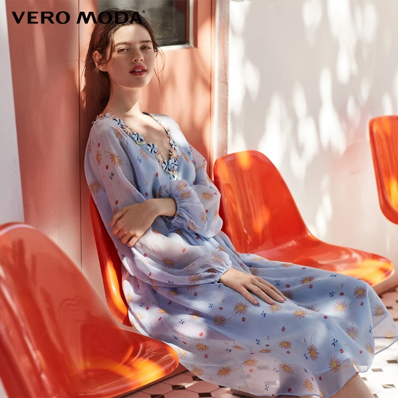 Vero Moda тренд стерео наклейка v-образным вырезом фонарь рукав Высокая талия платье | 31837D505