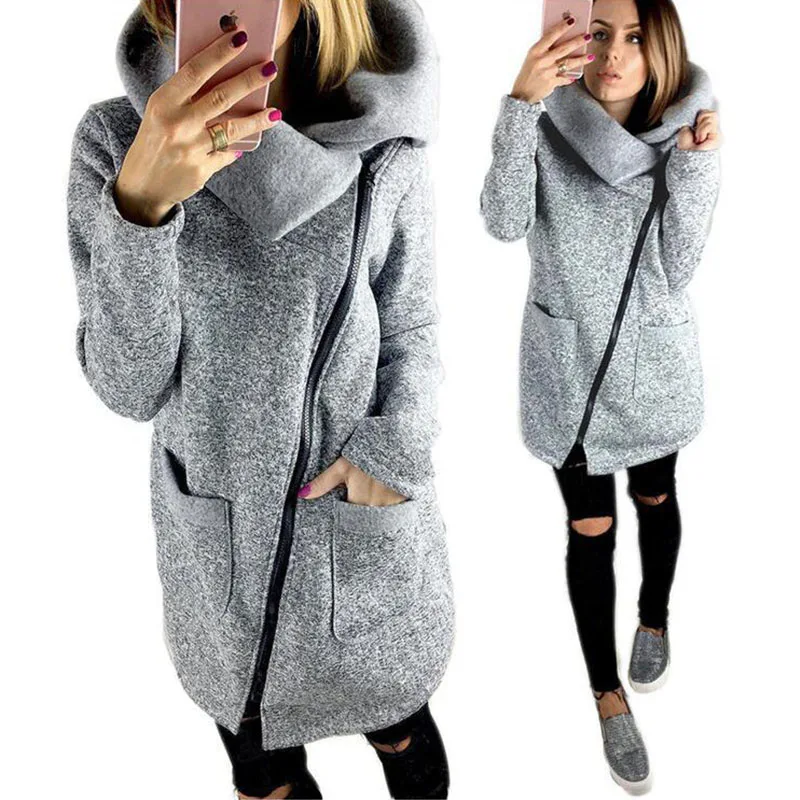  2019 Fashion Solid Turn-down Collar Sweatshirt Hoodie Women Fleece Zipper Long Jacket Coat Autumn W
