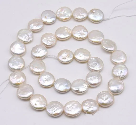 

New White Coin Pearls,12-13mm Natural Freshwater Pearl Loose Beads,One Full Strand,Good Luster Flat Pearls On Sale
