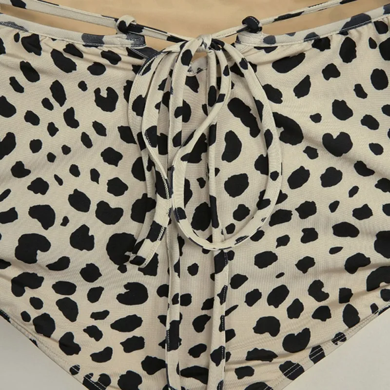 Women Sexy Leopard Print Slim Sling One-Piece Halter Bikini Gathered High Waist Swimsuit