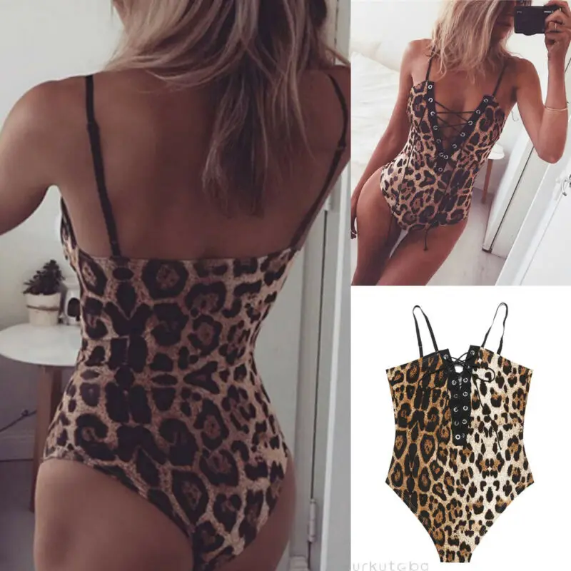 Leopard Printed Sexy Bodysuit Women Cross Bandage Deep V Neck Sexy Hot Jumpsuit Bodysuit Clothes