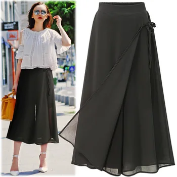 

Plus Size 4xl Wide Leg Pants Chiffon Pantalon Taille Haute Femme Loose Women's Trousers Large Palazzo Pants Sash Capris