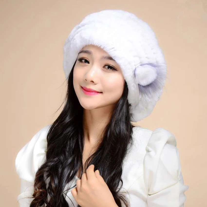 Skup YCFUR zimowe ciepłe berety kapelusze dla kobiet dzianiny prawdziwe futro królika rex czapki czapki z Silver Fox futro kwiat Beret panie