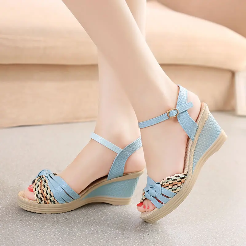 

2019 Braid belt women's Roman sandals wedges sandals platform shoes platform straw braid color block high-heeled shoes